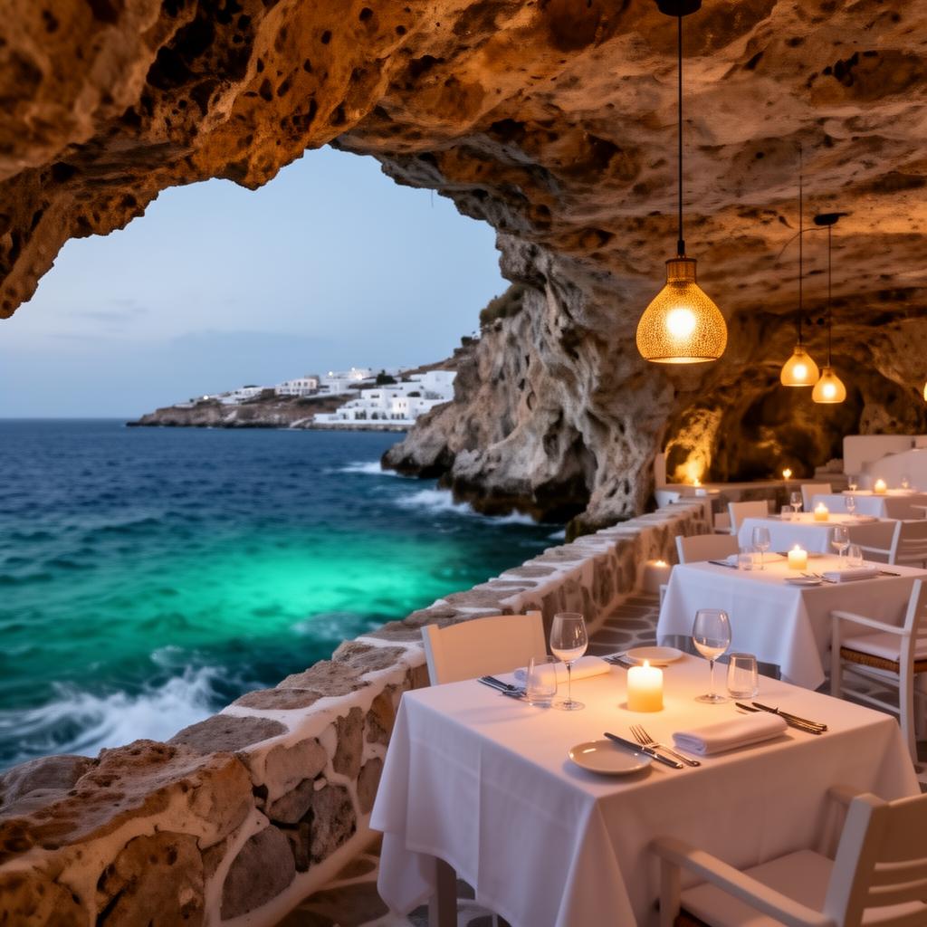 Spilia Restaurant Mykonos seaside dining inside a natural sea cave at Agia Anna with white tablecloths, candles and warm pendant lighting on a rocky terrace above the turquoise Aegean Sea at dusk