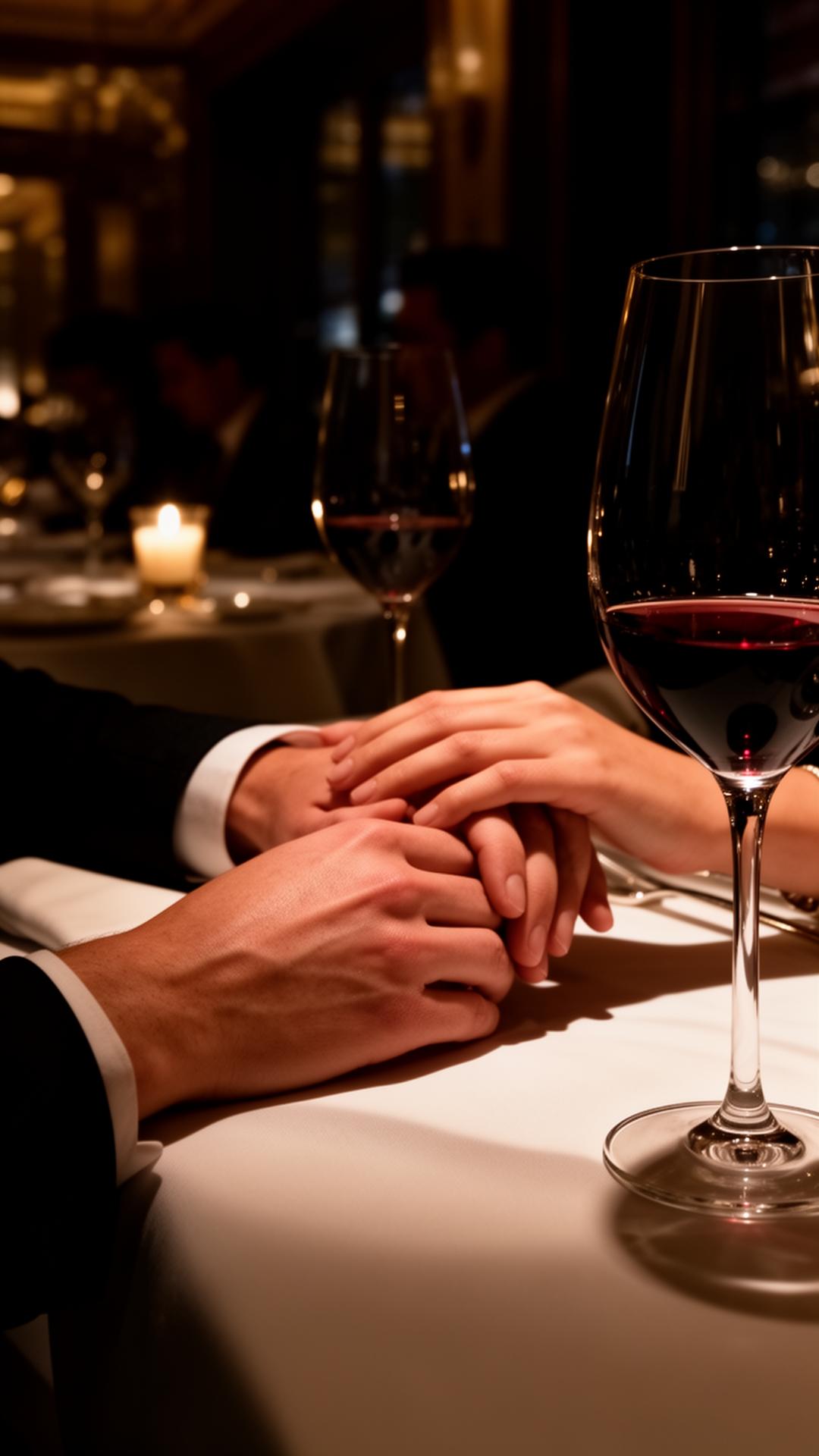 A couple holding hands across a candlelit table at a Manhattan restaurant