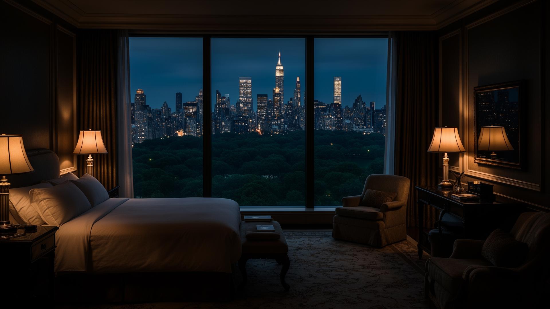 A luxury Manhattan hotel suite overlooking Central Park at night