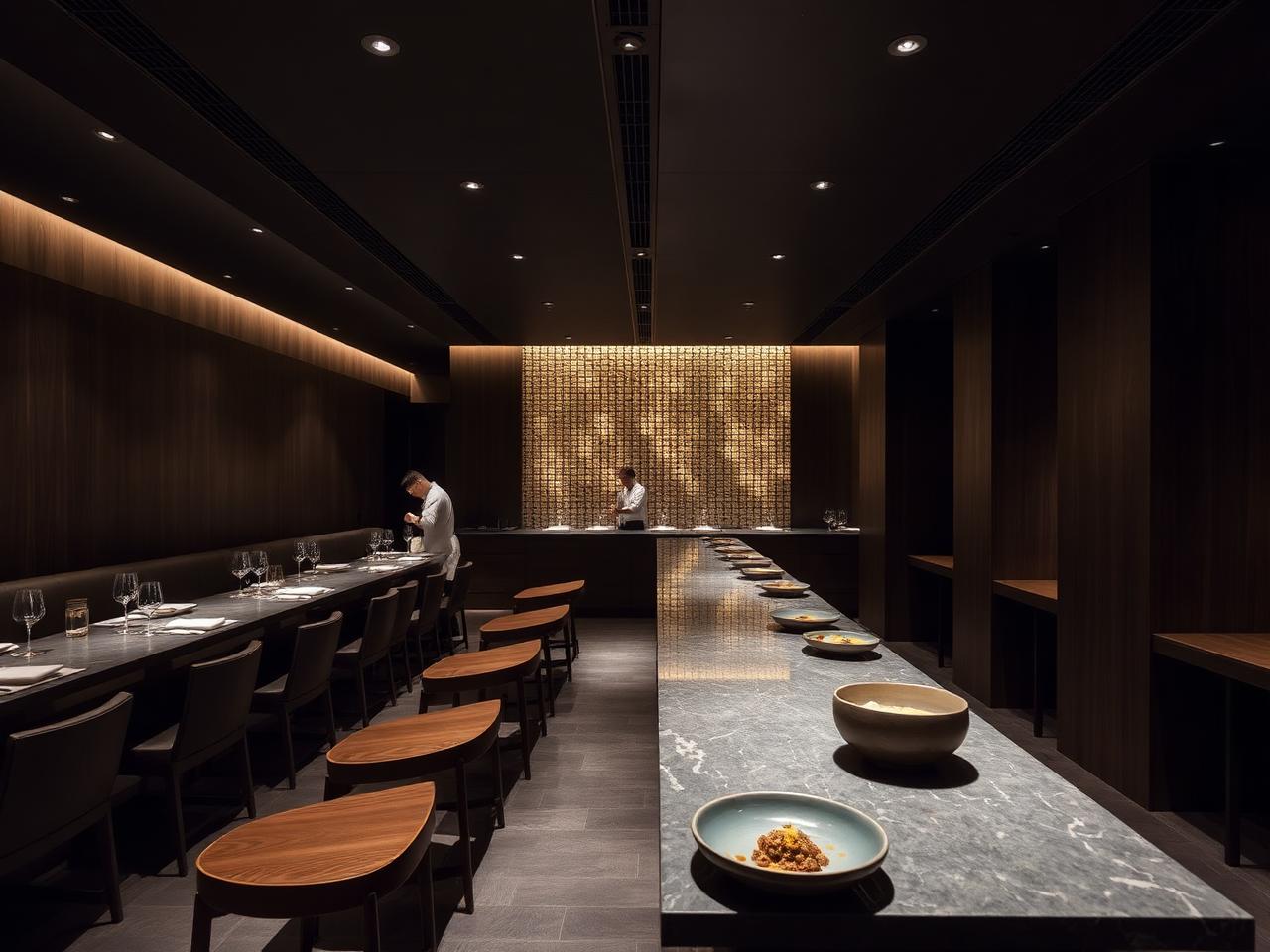 The minimalist counter at ATOMIX in NoMad with chefs plating