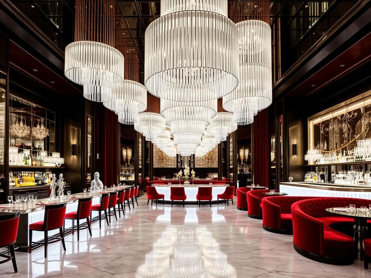 Baccarat Hotel New York Grand Salon with crystal chandeliers and red velvet seating