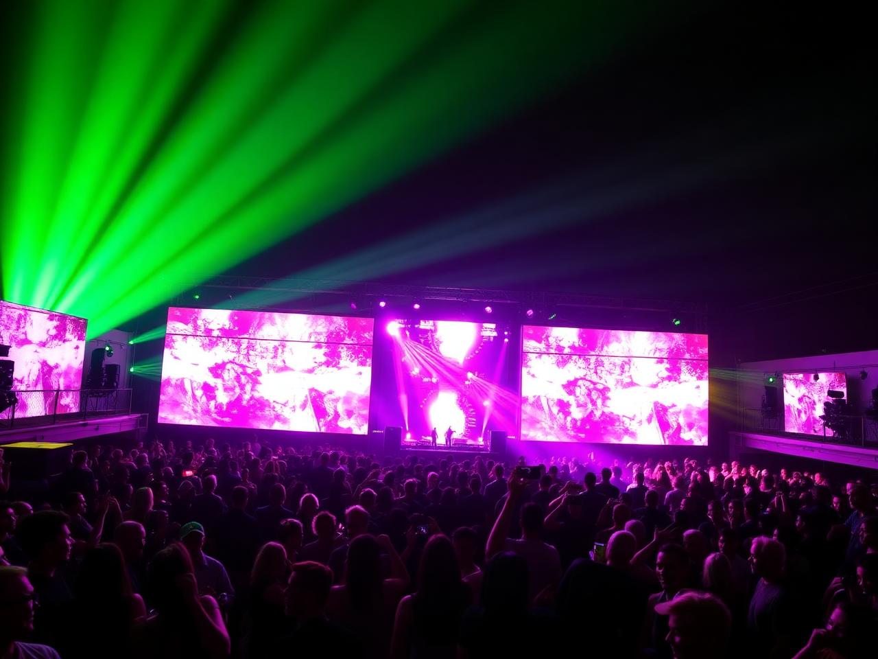 Brooklyn Mirage open-air club with LED screens and crowd at night