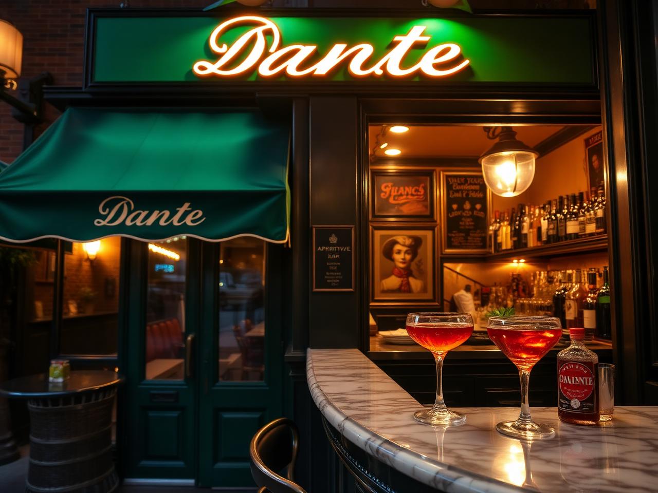 Dante NYC exterior with green awnings and cocktails on marble bar