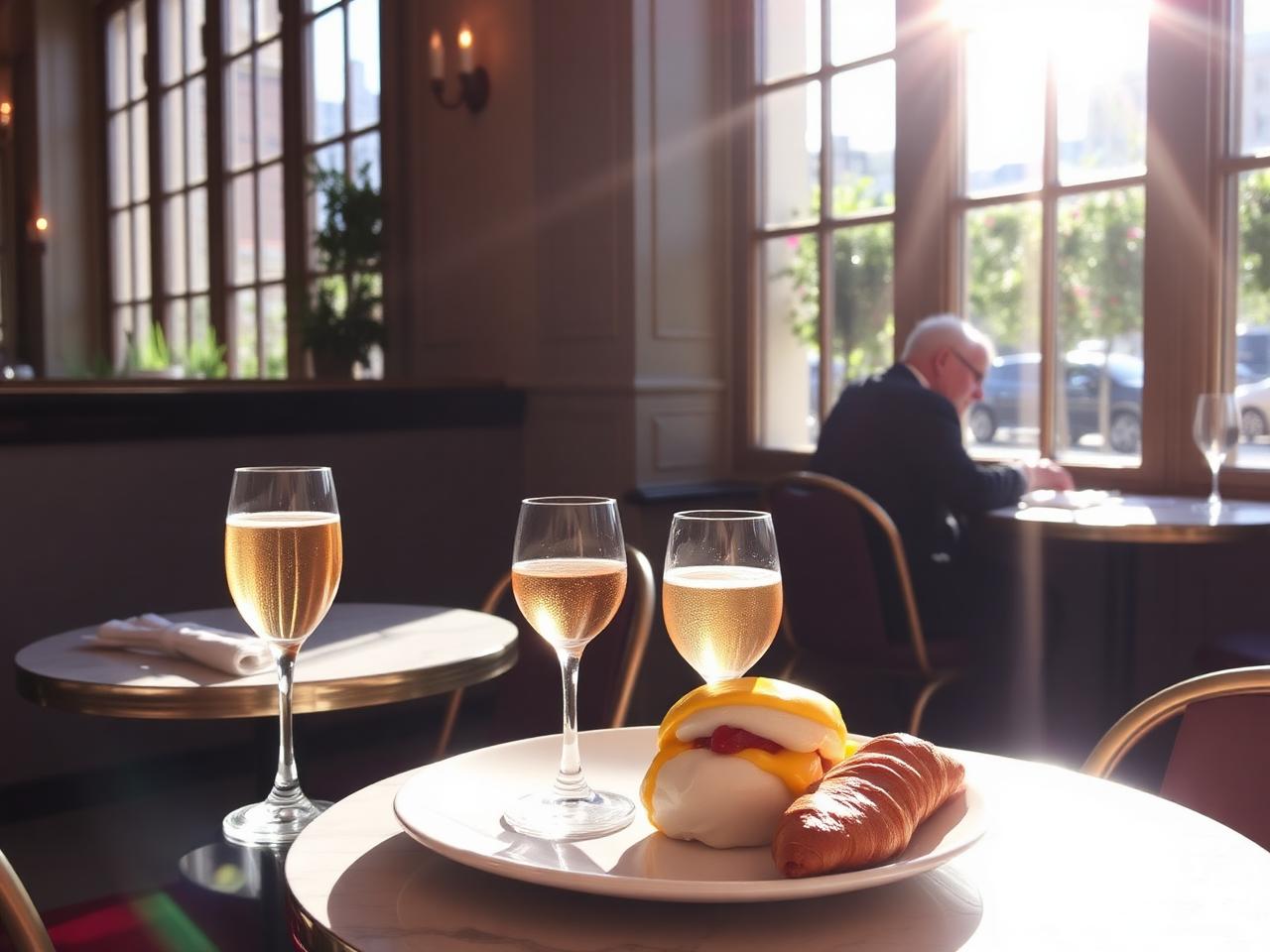 Bright West Village brunch table with mimosas and croissants