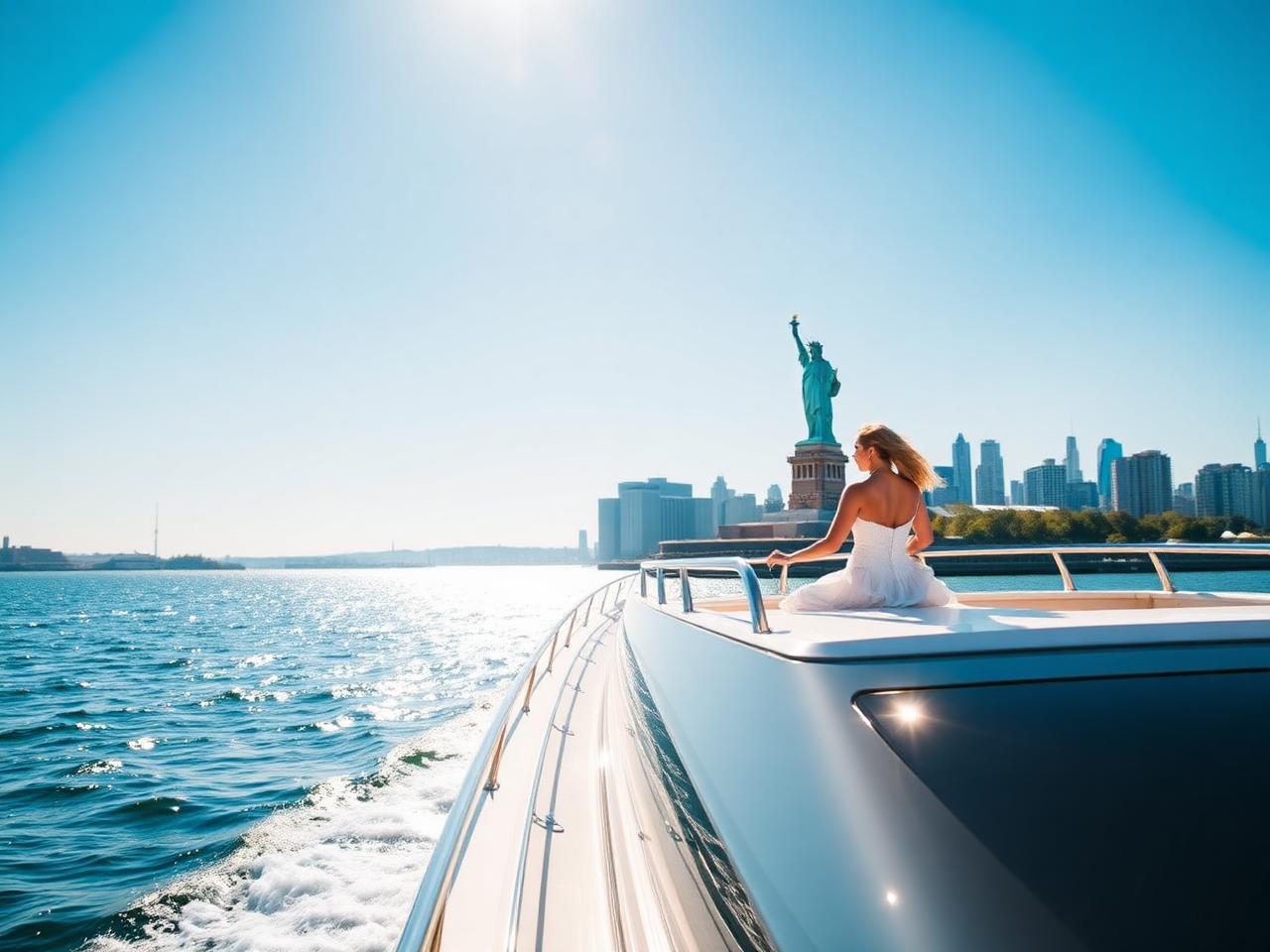 A private yacht in New York Harbor passing the Statue of Liberty in bright sunlight