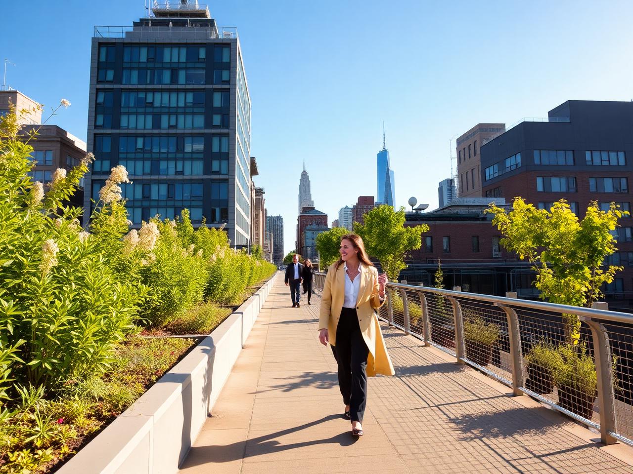 The High Line elevated park in summer with skyline views and lush plantings