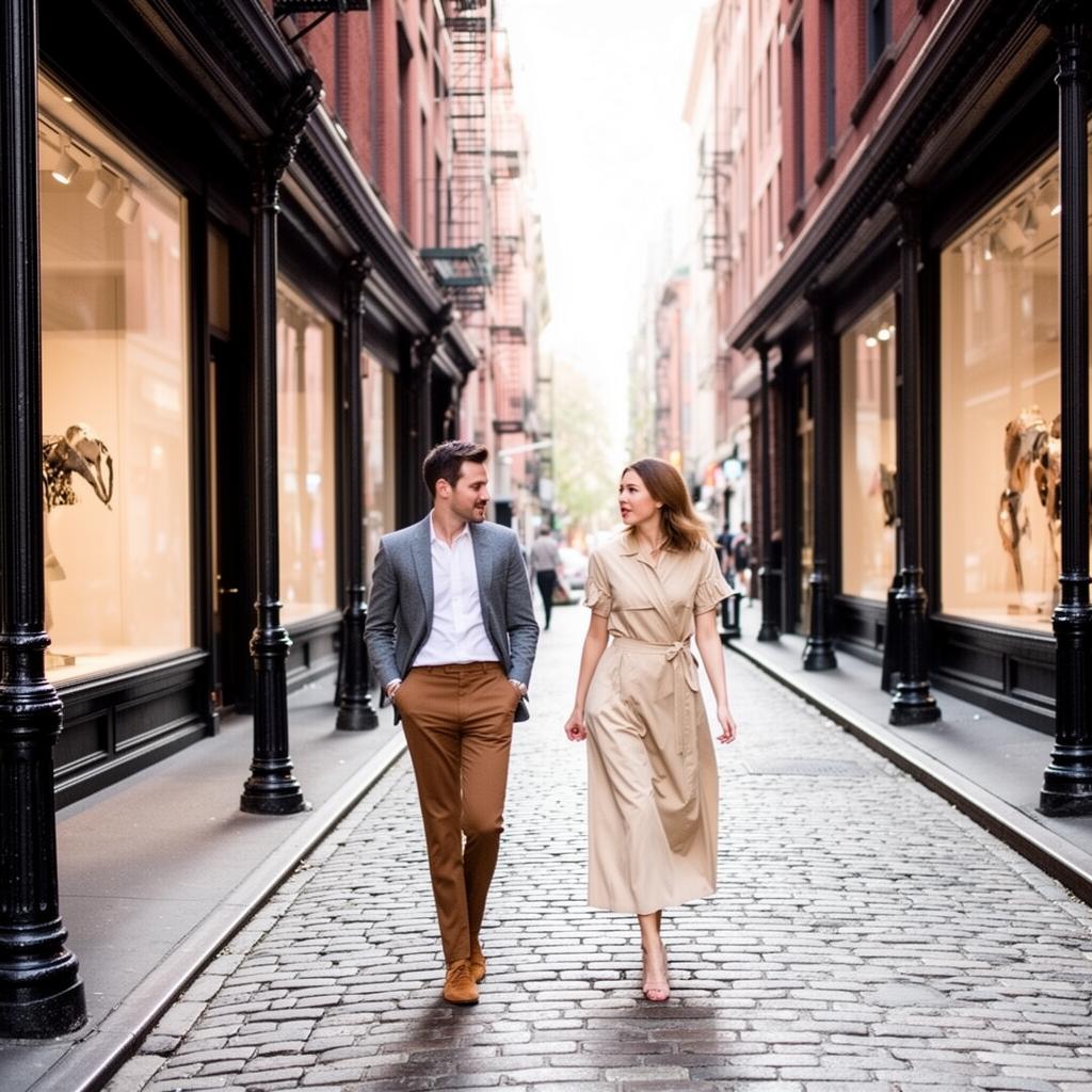 A stylish couple walking down a cobblestone SoHo street lined with cast-iron buildings