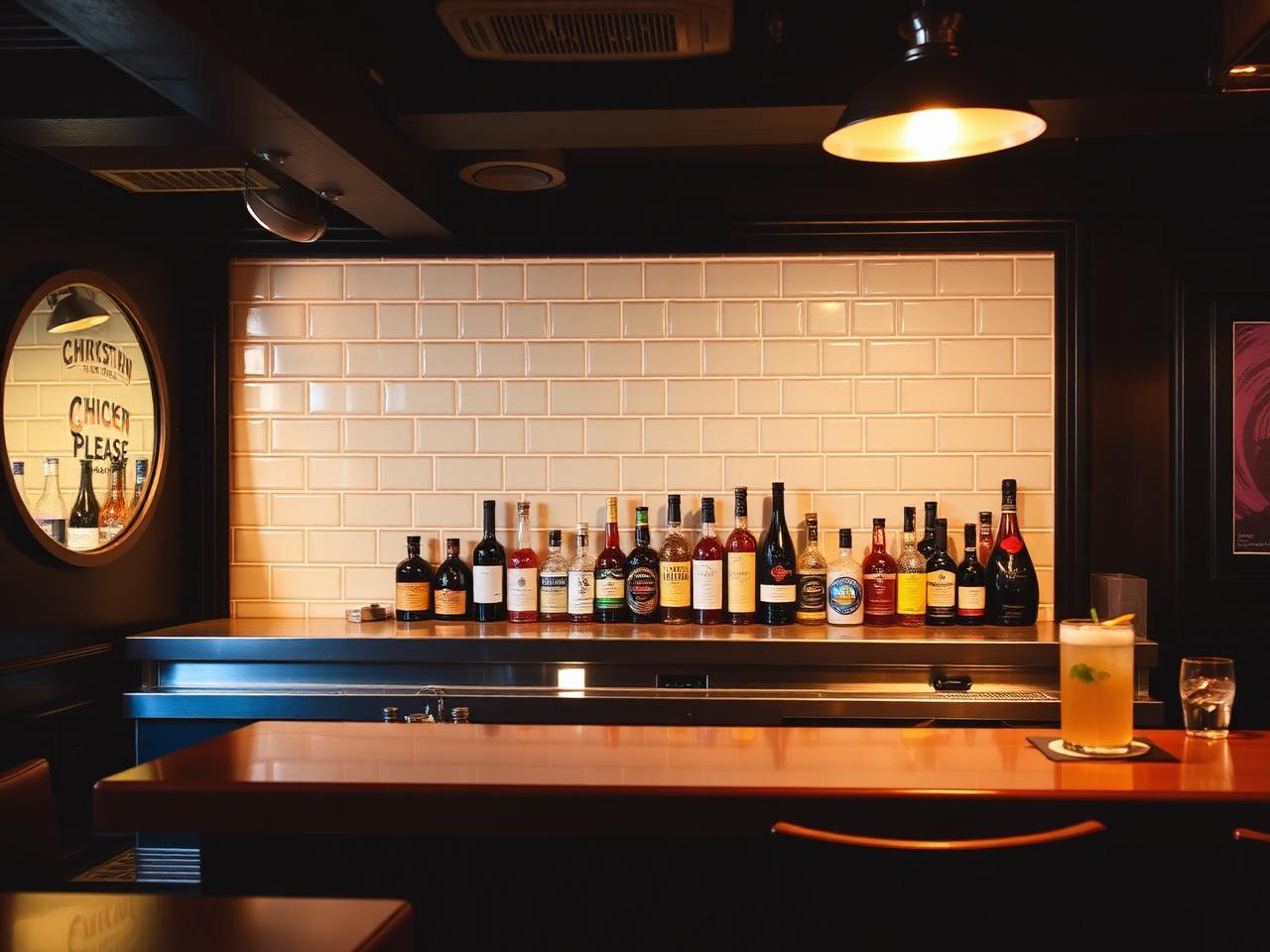 Double Chicken Please bar with white tile back wall and bottles