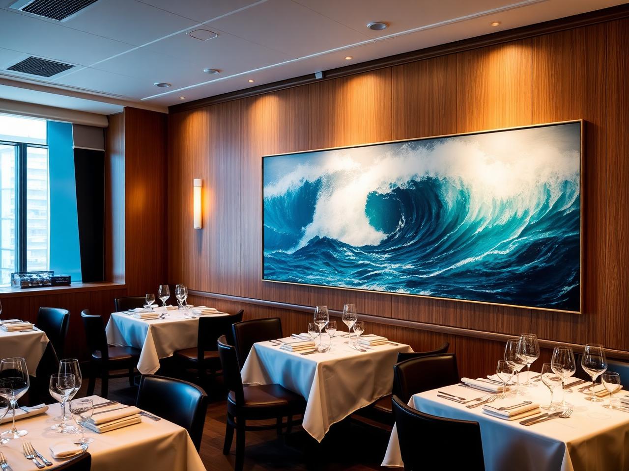 Le Bernardin dining room with seascape painting and white-clothed tables