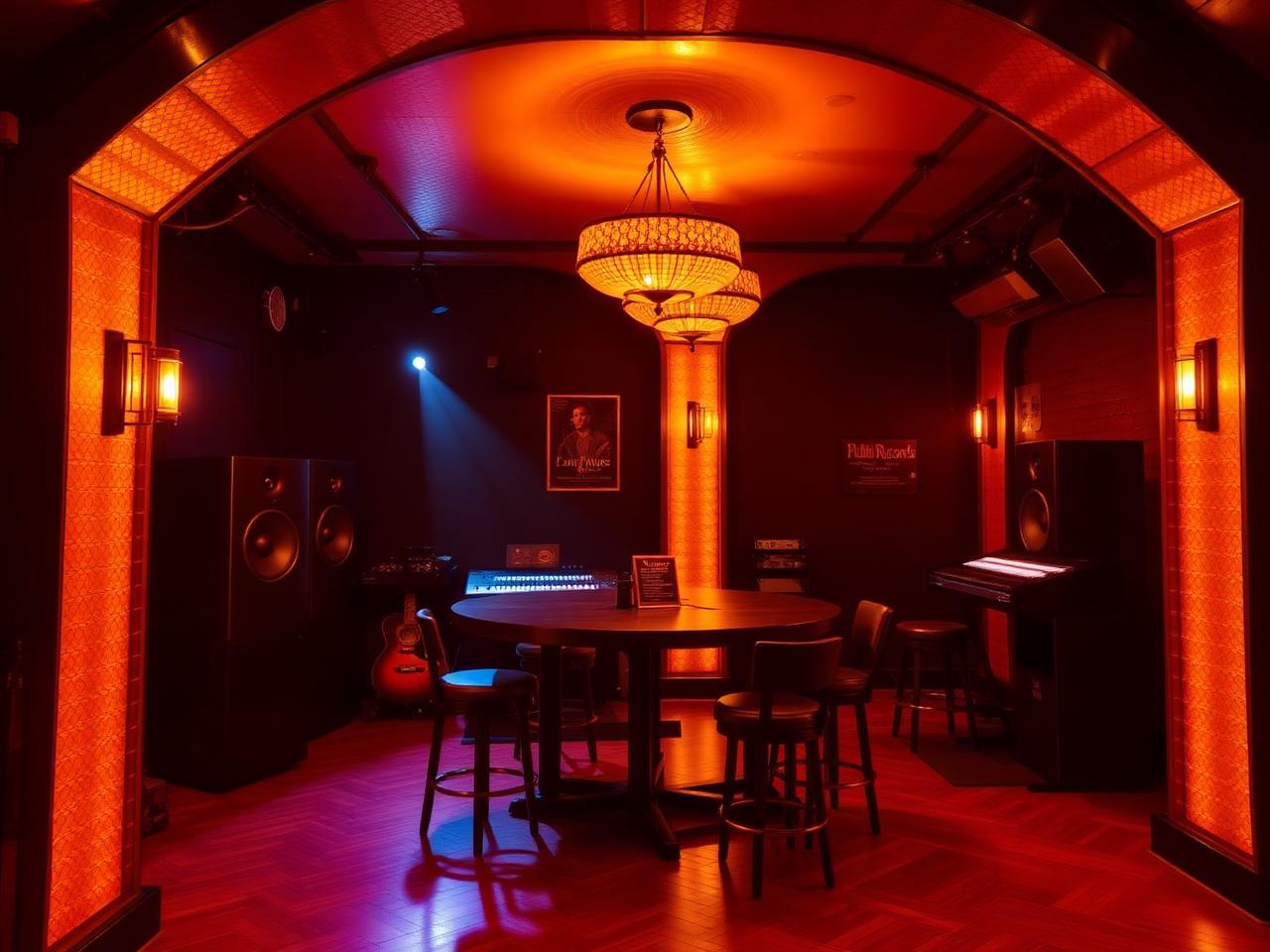 Public Records Brooklyn sound room with warm amber lighting and large speakers