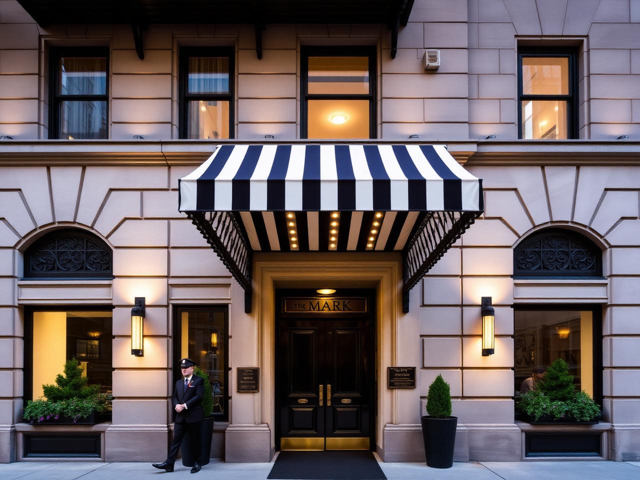 The Mark Hotel exterior on the Upper East Side with iconic striped awning