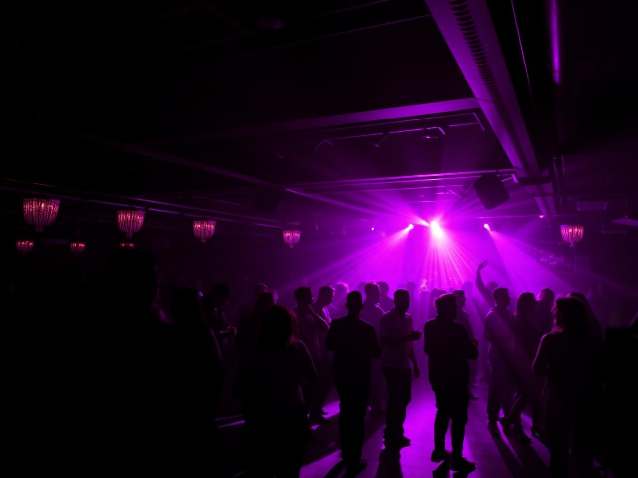 Bridge nightclub Oxford with dramatic magenta and purple lighting, chandeliers and a silhouetted stylish crowd dancing on the dance floor
