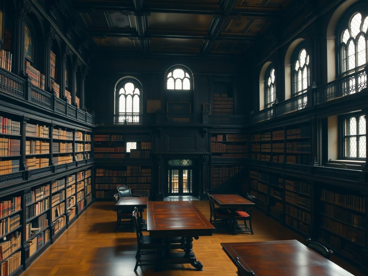 The historic Duke Humfreys reading room at the Bodleian Library Oxford with dark wood panelling, leather-bound books on iron-railed shelves and soft daylight