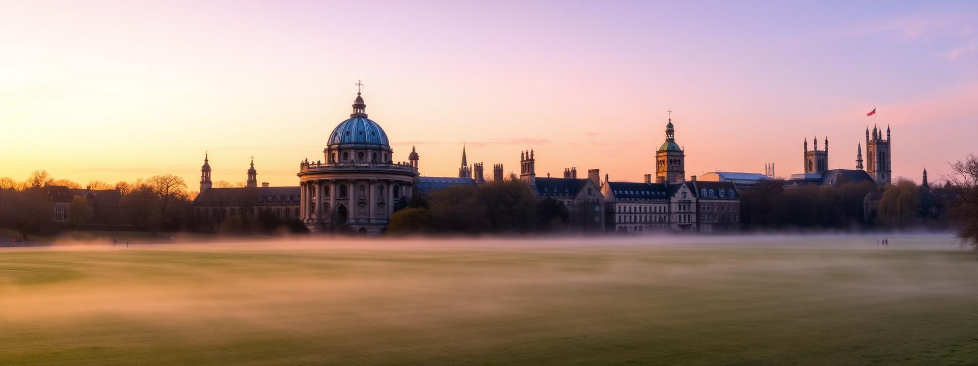 Oxford skyline at first light with soft pastel sunrise over the dreaming spires, Radcliffe Camera dome and gothic college towers, mist on the meadow