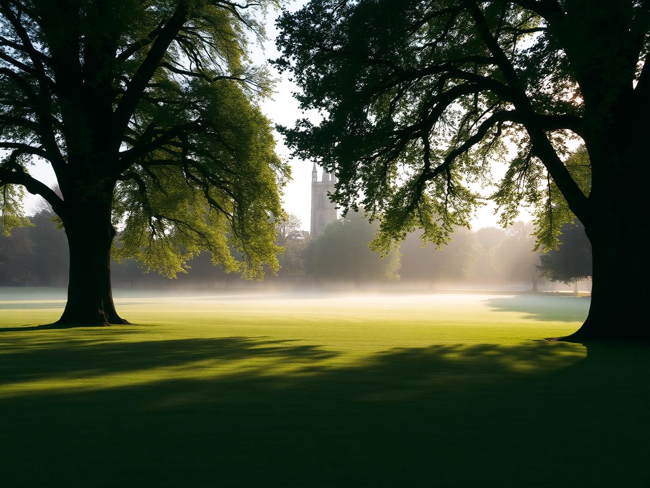 Christ Church Meadow Oxford at first light with mature trees, mist on the wide green meadow and the Christ Church college tower in the distance