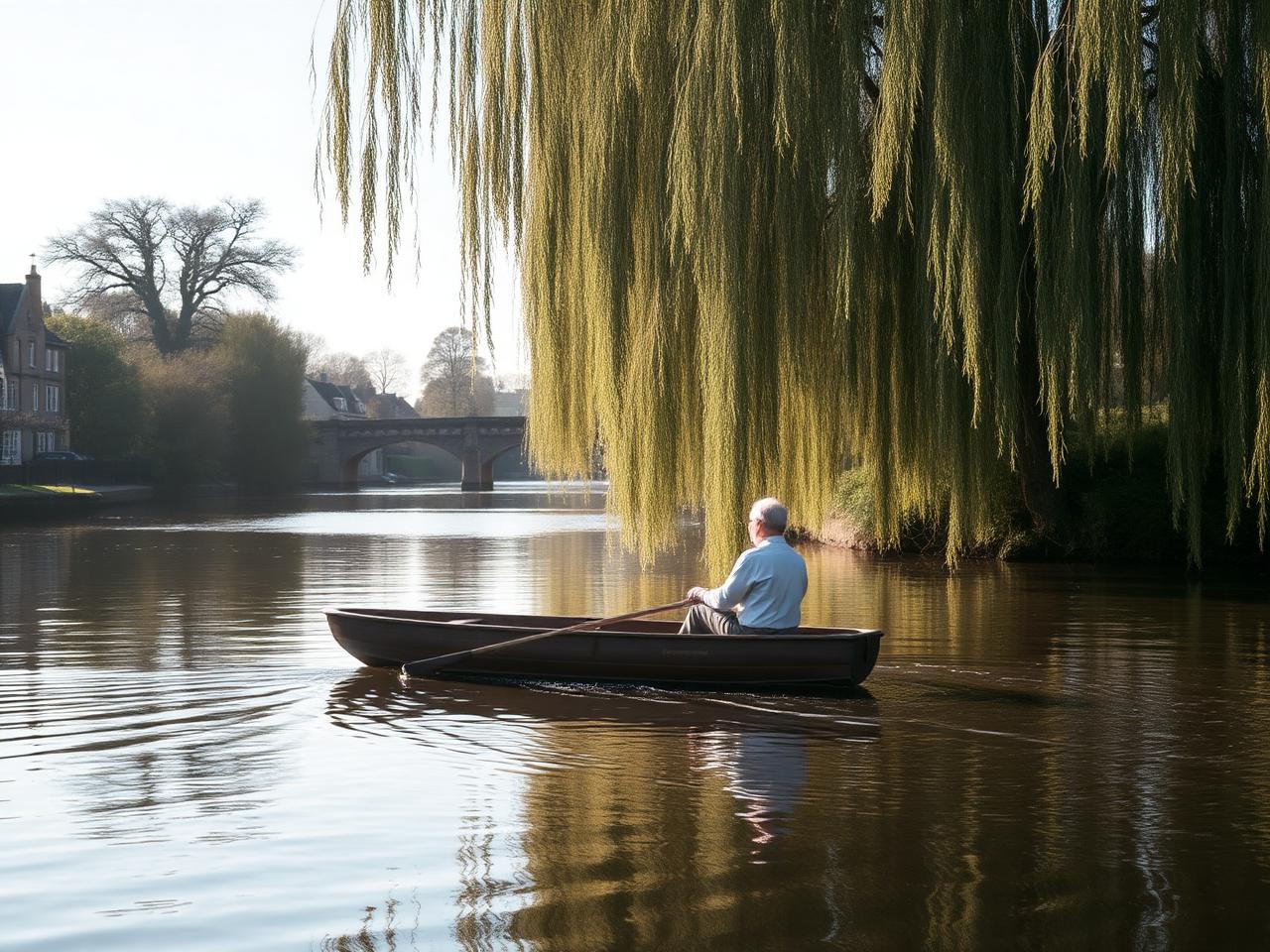 Punting on the River Cherwell in Oxford with a wooden flat-bottomed punt drifting under willow trees in soft afternoon light