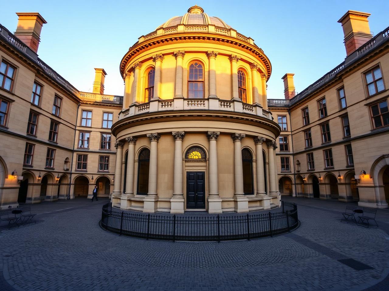 The iconic Radcliffe Camera in Oxford with circular Palladian dome library in honey-coloured Bath stone framed by college walls in soft golden hour light