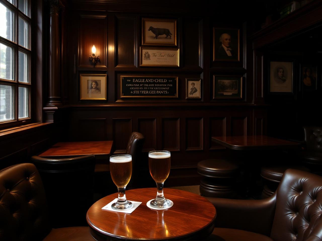 The historic Eagle and Child pub interior in Oxford with dark wood panelling, leather chairs, framed pictures and two pints of ale on a small wooden table