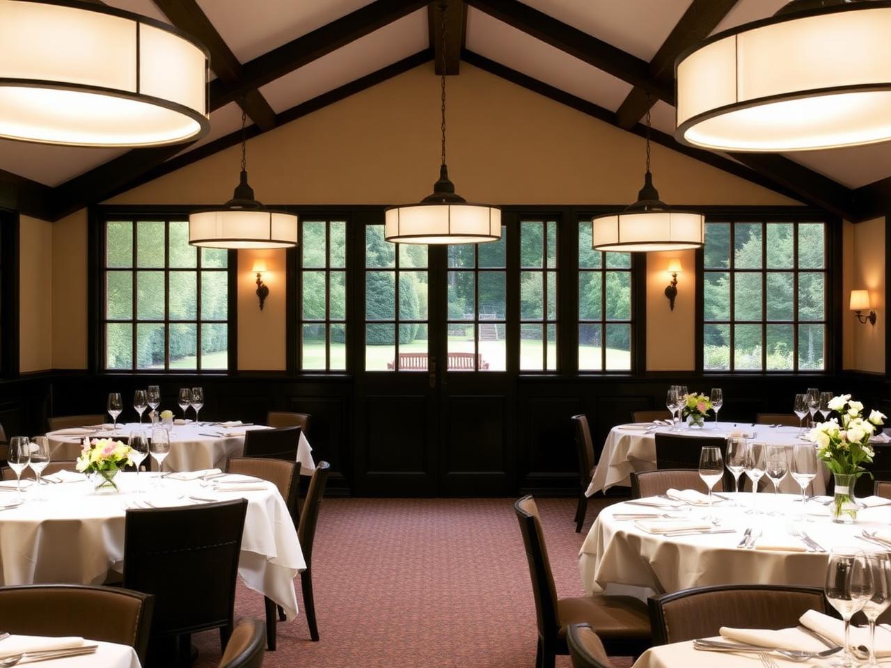 Refined two-Michelin-starred Cotswold country house dining room with warm panelled walls, soft pendant lighting, white tablecloths, fresh flowers and a view to the garden