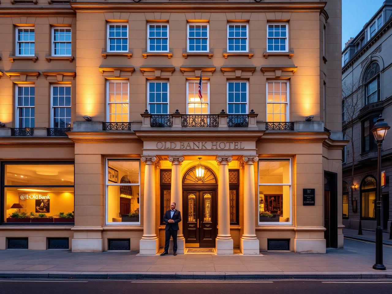 The illuminated Georgian honey-coloured limestone facade of Old Bank Hotel on Oxford High Street at golden hour with refined doorman at entrance