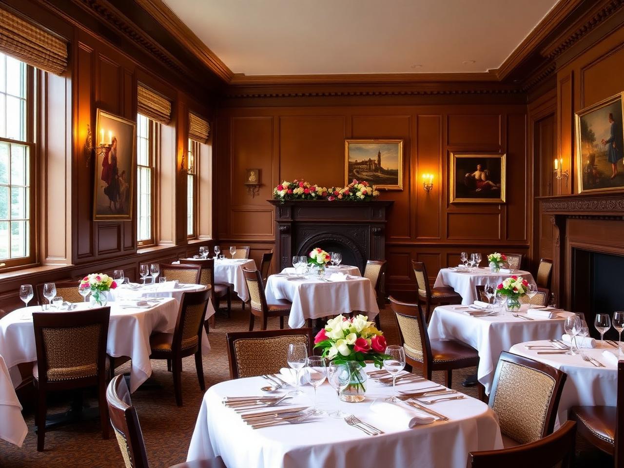 Refined country house hotel dining room of The Parsonage Grill Oxford with warm wood panelling, art on the walls, white tablecloths and fresh flowers
