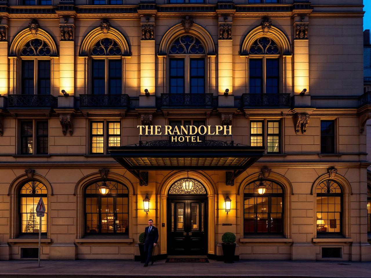 The grand Victorian Gothic Revival facade of The Randolph Hotel Oxford illuminated at dusk with elegant entrance and refined details