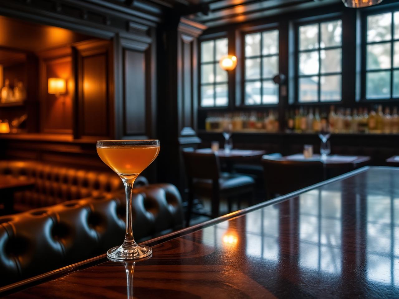 Refined Oxford cocktail bar interior with warm low lighting, leather banquettes, polished wooden bar and a single beautifully made cocktail in a coupe glass