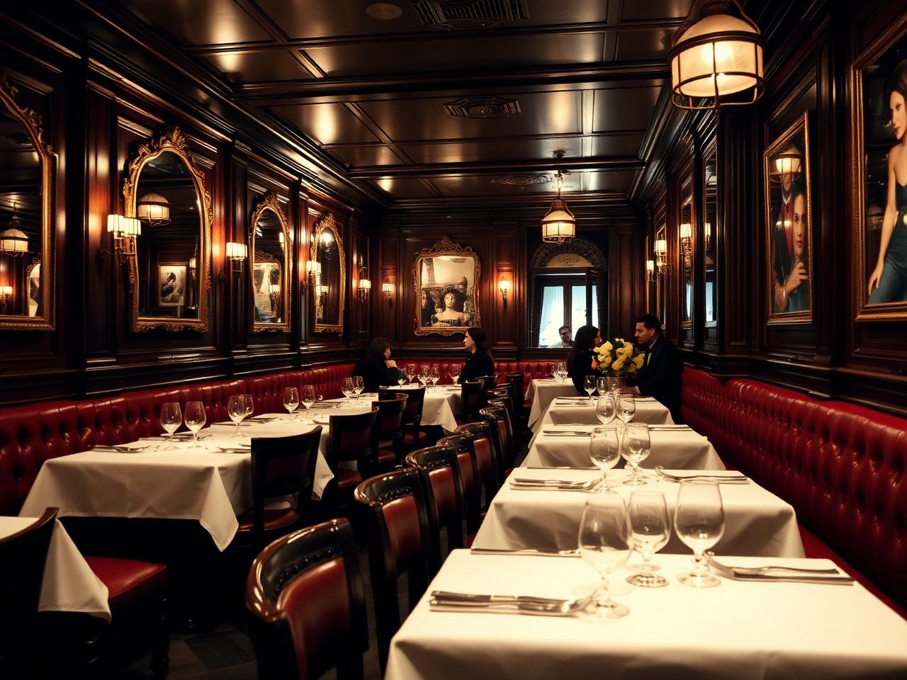 Le Comptoir du Relais Paris classic bistro interior in Saint-Germain-des-Prés with dark wood paneling, vintage mirrors, deep red leather banquettes and white tablecloths
