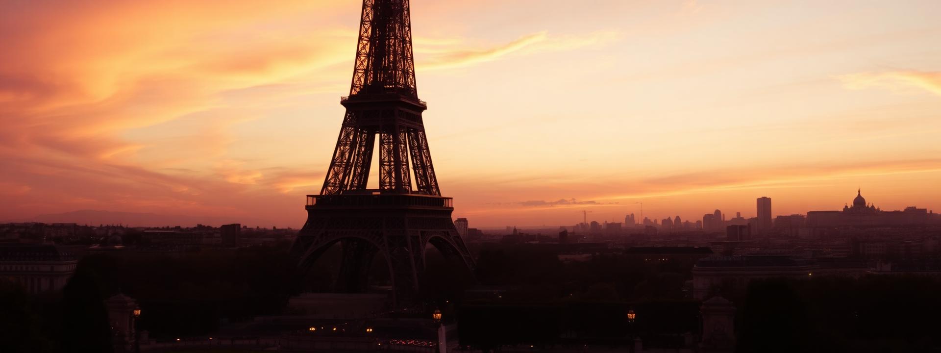 The Eiffel Tower from the Trocadéro at last golden light with the iron lattice silhouetted against pink and gold sky and Paris faint in the distance