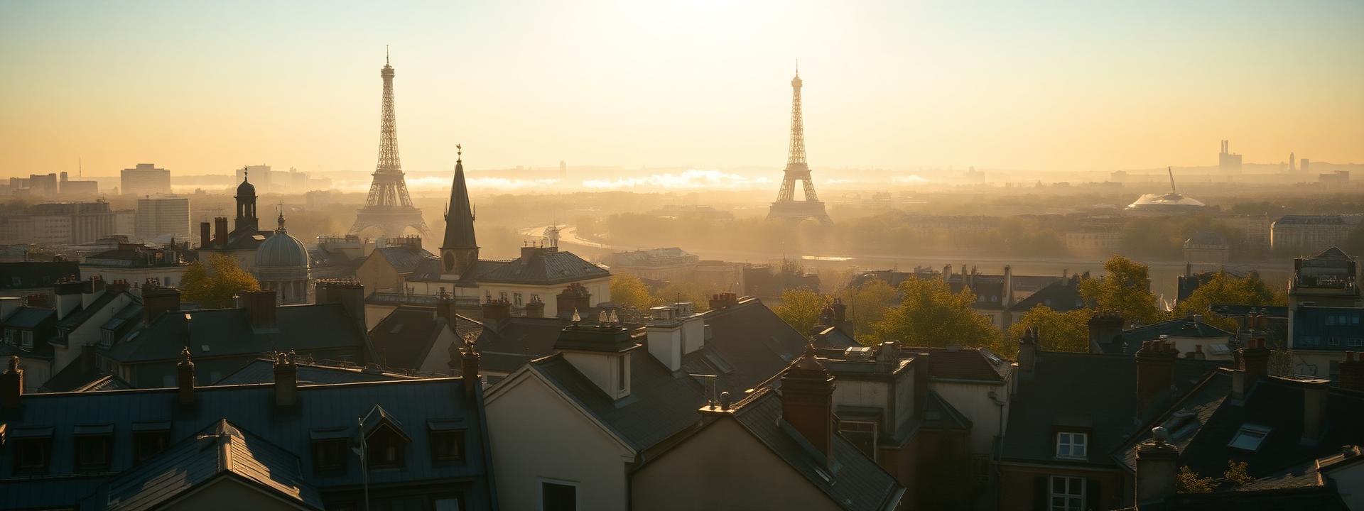 Panoramic morning view of Paris from Montmartre with the Haussmannian zinc rooftops, the Eiffel Tower in soft mist, plane trees and the Seine winding through