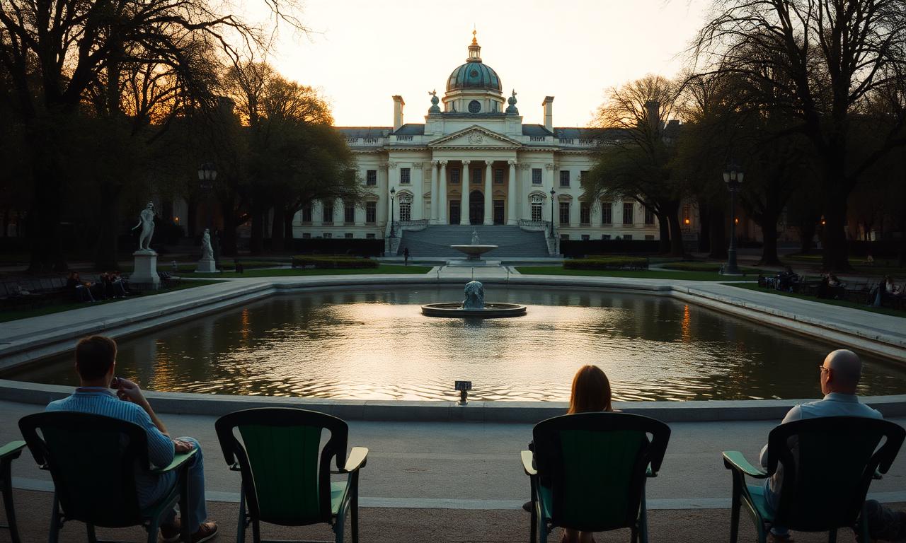 Jardin du Luxembourg in Paris at late golden hour with the central pond, the Palais du Luxembourg, plane trees, classical statues and the iconic green Luxembourg chairs