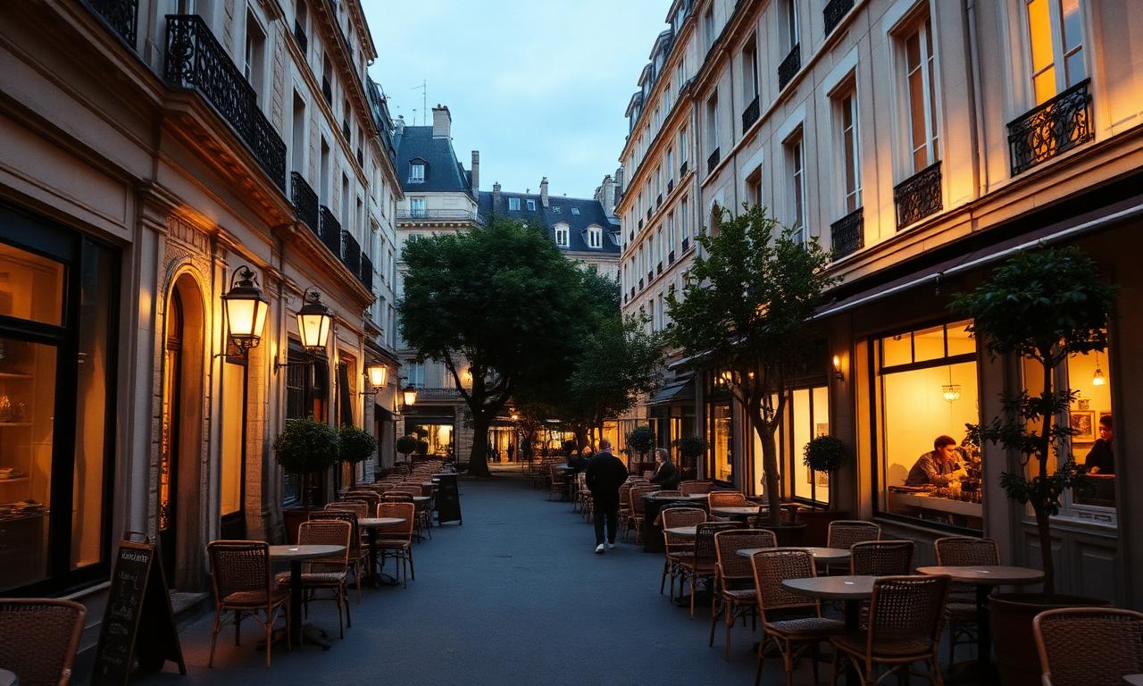 Saint-Germain-des-Prés in Paris at dusk with narrow streets, lamplit cafés with cane chairs on the terrace, Haussmannian limestone facades and warm window light