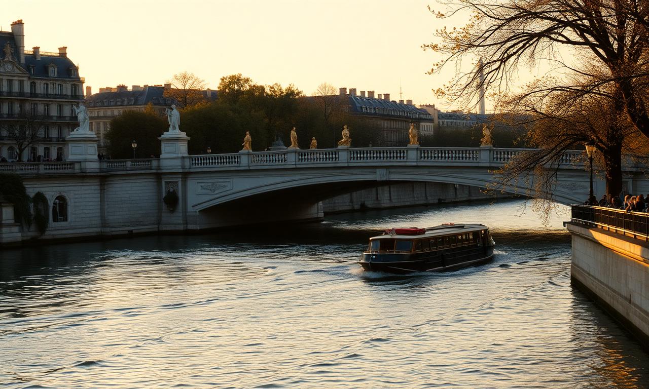 The Seine in Paris at golden hour with Haussmannian limestone quays, the Pont Alexandre III with gilded statues, plane trees and a bateau passing slowly