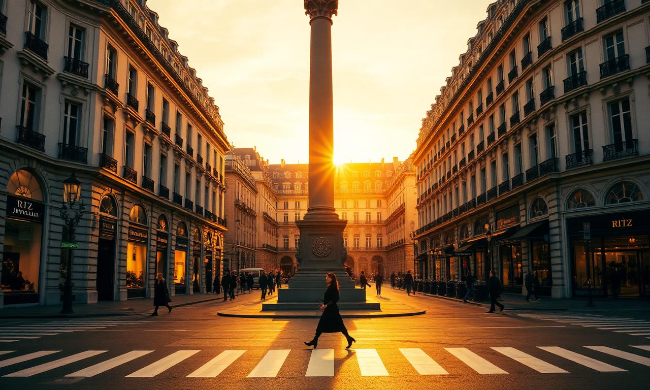 Place Vendôme in Paris at golden hour with the central column, refined Haussmannian facades of grand jewelers and the Ritz Paris and lamplight
