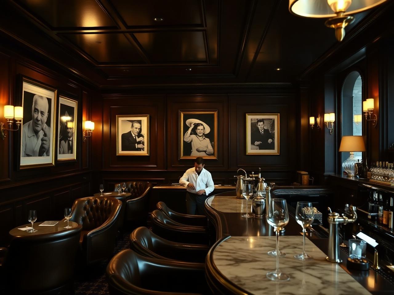 Bar Hemingway at the Ritz Paris refined classical hotel cocktail bar interior with dark wood paneling, leather club chairs, framed black and white photographs and brass fittings