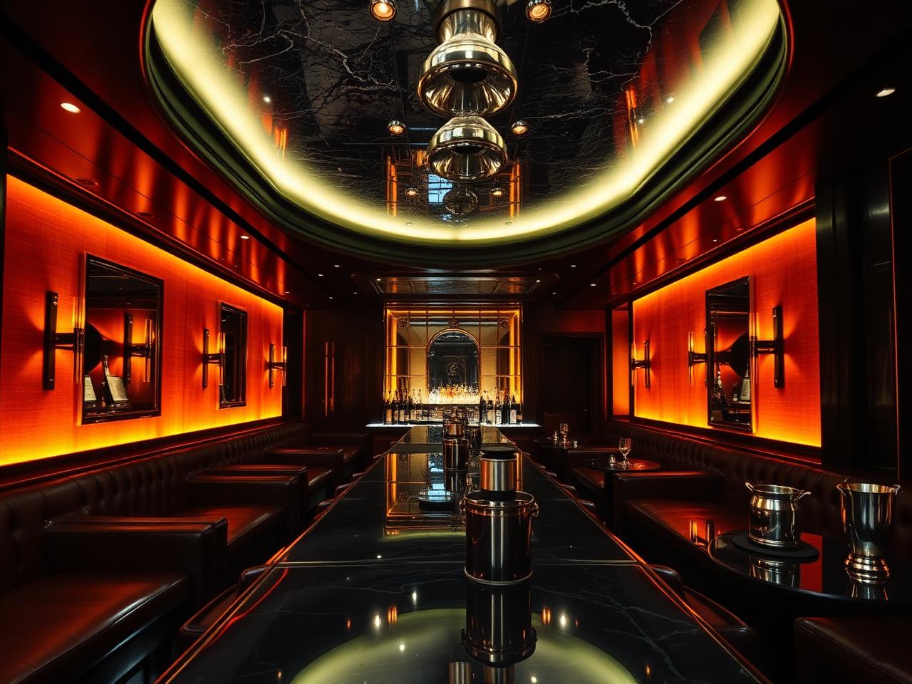L'Arc Paris upscale nightclub interior near the Arc de Triomphe with dramatic warm amber and gold lighting, dark surfaces, leather banquettes and a mirrored ceiling