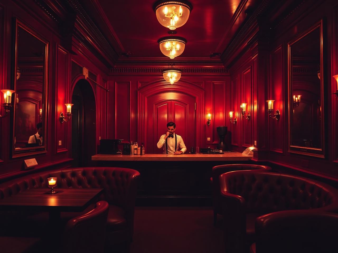 Little Red Door Paris refined intimate cocktail bar interior in Le Marais with deep red lacquered walls, brass accents, marble bar counter and leather banquettes