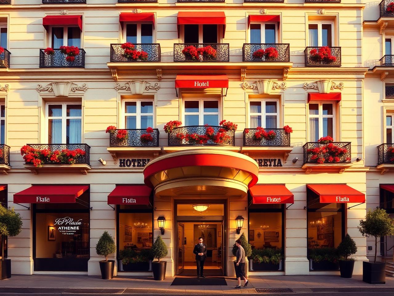 Hôtel Plaza Athénée Paris iconic grand luxury palace hotel facade on Avenue Montaigne at golden hour with the signature red awnings, red geraniums, elegant Haussmannian limestone and a uniformed doorman