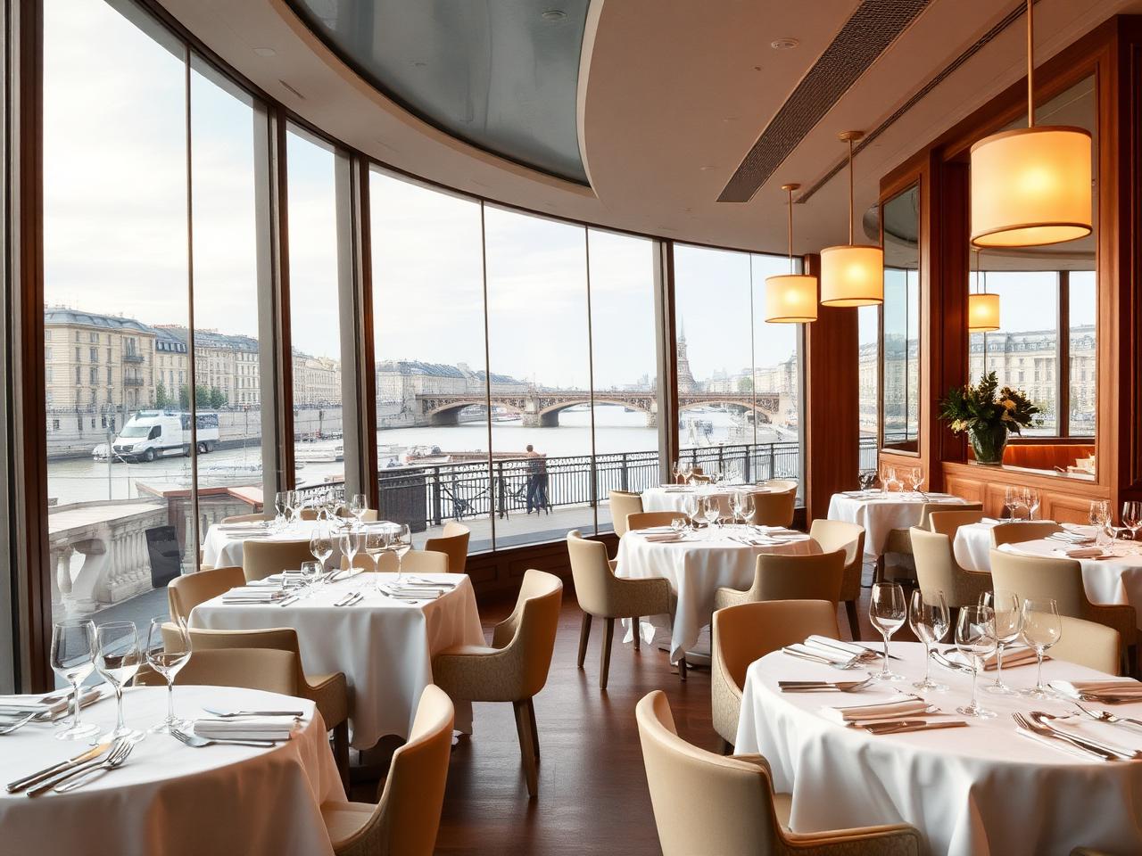 Plénitude refined three Michelin star fine dining room interior at Cheval Blanc Paris with sweeping panoramic windows overlooking the Seine, white tablecloths and warm pendant lighting