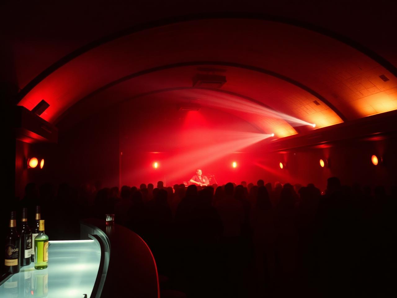 Rex Club Paris underground nightclub refined interior with arched concrete vaulted ceilings, dramatic moody red and amber lighting and a sophisticated crowd