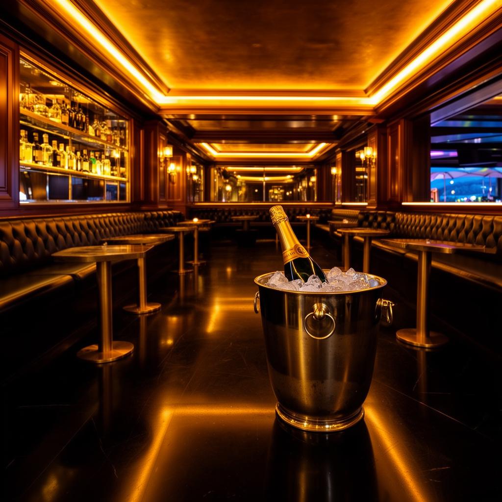Billionaire Porto Cervo iconic upscale Sardinian late-night nightclub interior with dramatic warm amber LED lighting, dark wood and brass, leather banquettes, polished black floor and a magnum bottle of champagne in an ice bucket