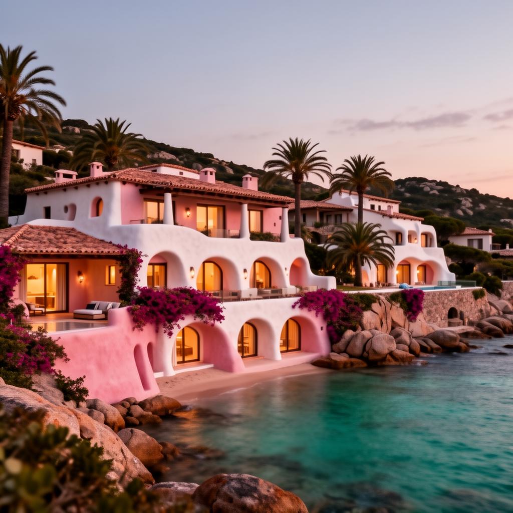 Hotel Cala di Volpe Porto Cervo iconic Costa Smeralda Mediterranean luxury hotel facade at dusk with white-washed organic curved architecture, terracotta roofs and warm windows glowing