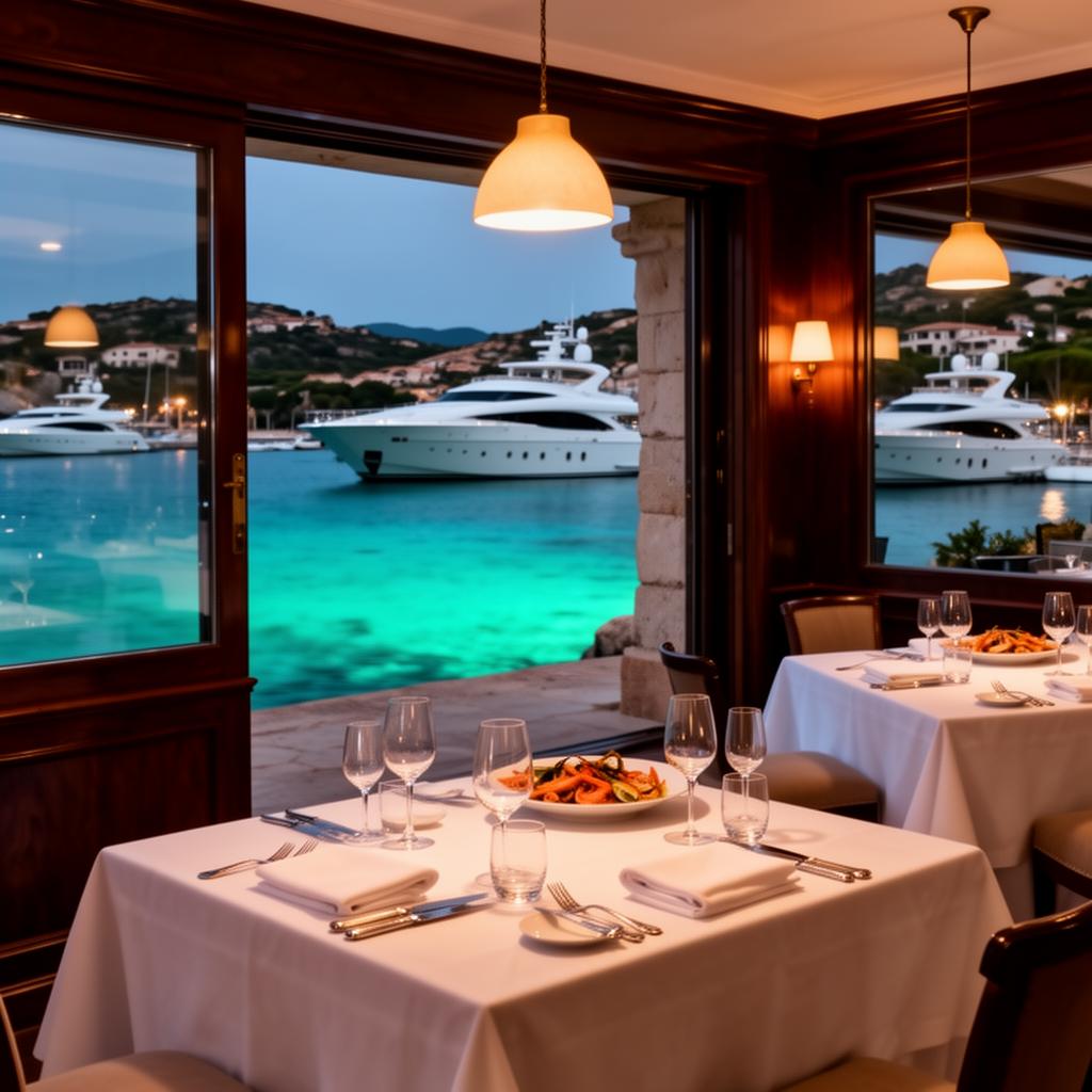 Cipriani Porto Cervo refined Venetian Italian fine dining restaurant interior with white tablecloths, dark wood, large windows opening to luxury yachts on turquoise water and warm pendant lighting