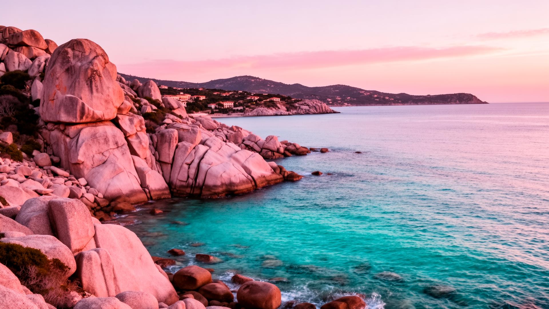 Costa Smeralda Sardinia panorama at first light with dramatic pink granite rocks meeting turquoise Mediterranean water and a soft pastel sunrise sky