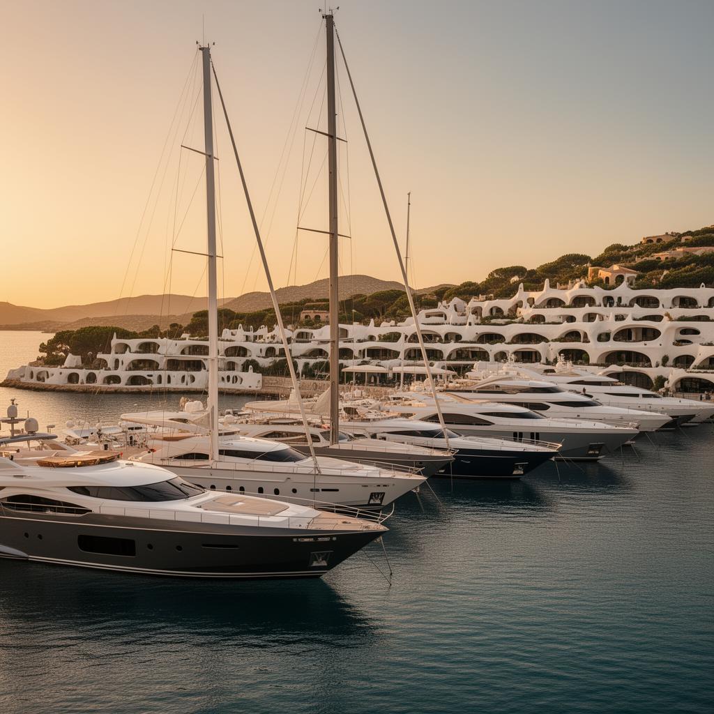 Porto Cervo marina at golden hour with a row of large luxury sailing yachts and motor yachts moored along the quay and white-washed Costa Smeralda architecture in the background