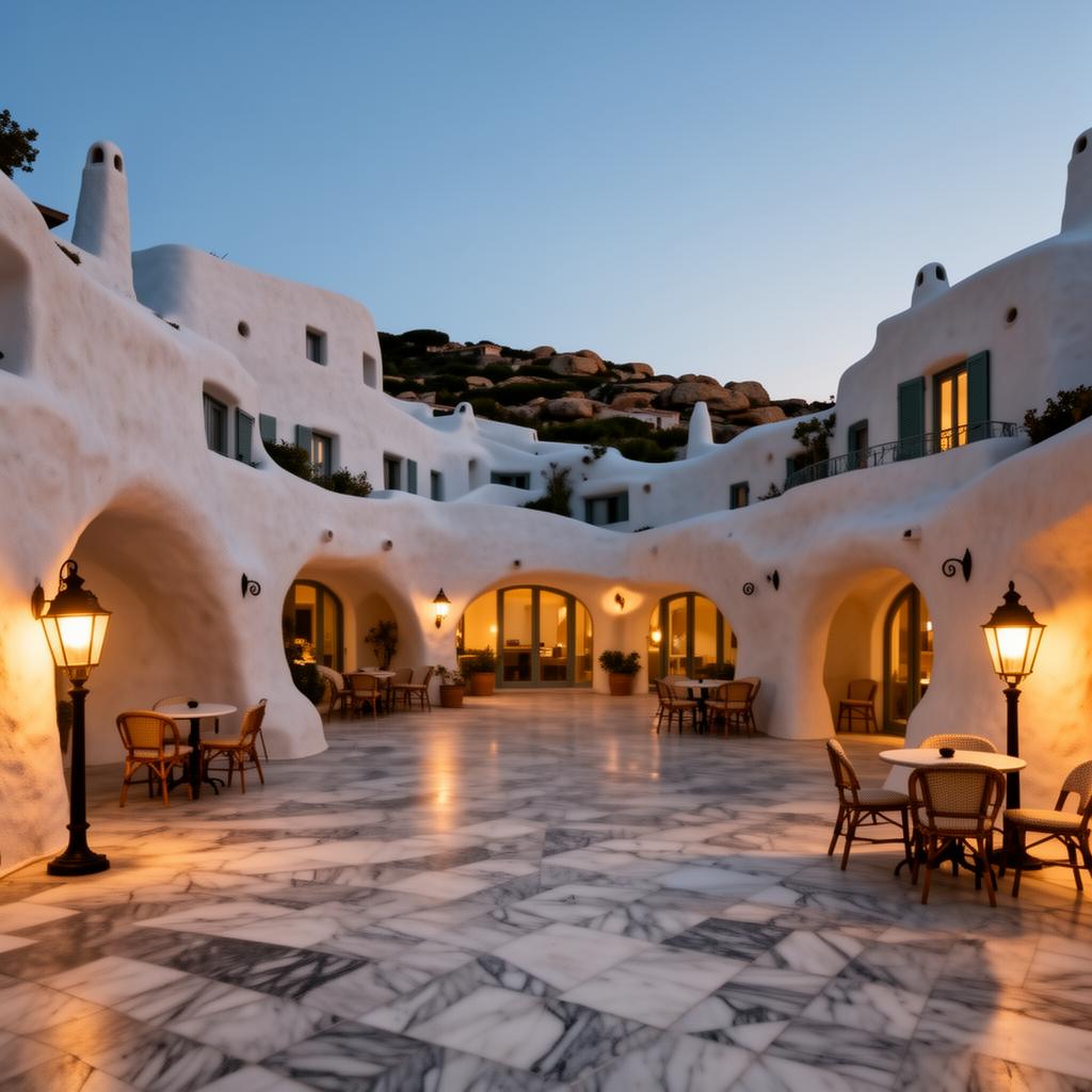 Piazzetta of Porto Cervo at dusk with elegant small piazza, white-washed organic Costa Smeralda architecture, curved soft walls, warm lamplight, marble pavement and a few outdoor café tables
