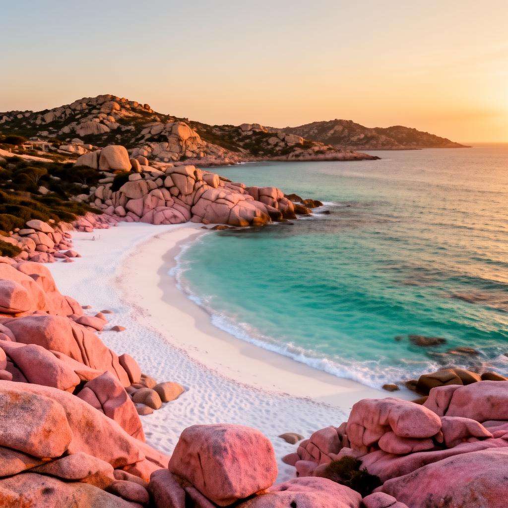 Spiaggia del Principe beach Sardinia Costa Smeralda at golden hour with a perfect crescent of white sand between pink granite rocks and turquoise Mediterranean water