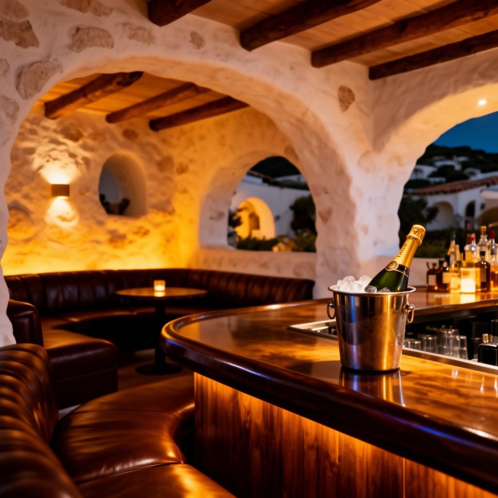 Just Me Porto Cervo refined upscale Mediterranean nightclub interior with dramatic warm amber lighting, white-washed organic Costa Smeralda walls, dark wood, leather banquettes and a polished bar