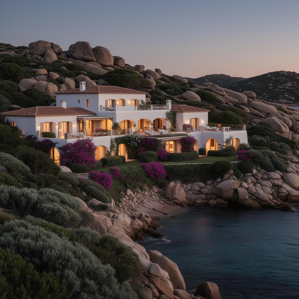 Hotel Pitrizza Porto Cervo refined intimate Mediterranean luxury hotel exterior at dusk with low white-washed organic Costa Smeralda architecture nestled into granite landscape, terracotta roofs, juniper and bougainvillea gardens overlooking a small private cove