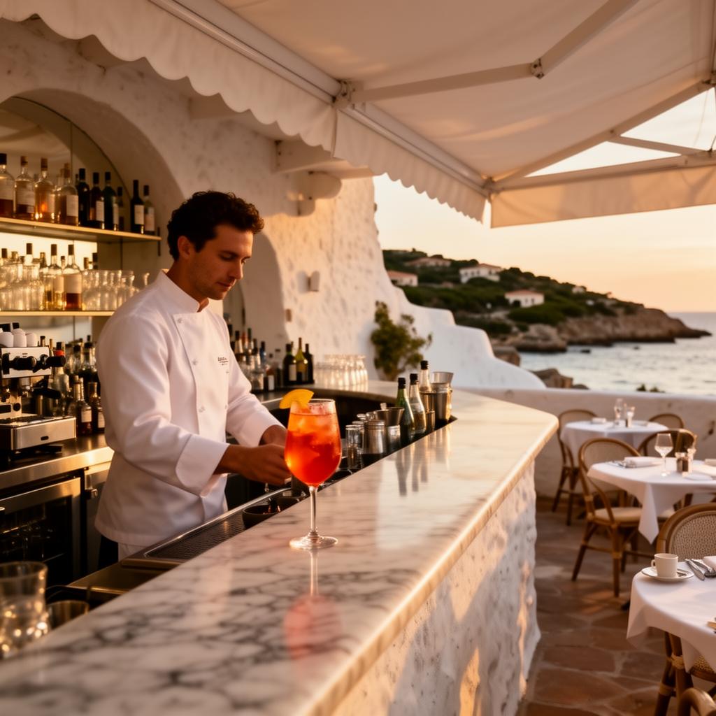Il Portico Porto Cervo refined Italian café and bar on the Piazzetta with marble counter, white-jacketed barman, an Aperol spritz, outdoor tables under a white awning and white-washed Costa Smeralda walls at golden hour